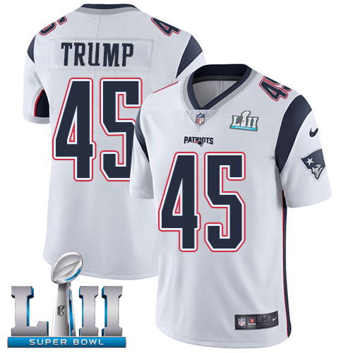 Nike Patriots #45 Donald Trump White Super Bowl LII Men's Stitched NFL Vapor Untouchable Limited Jersey - Click Image to Close